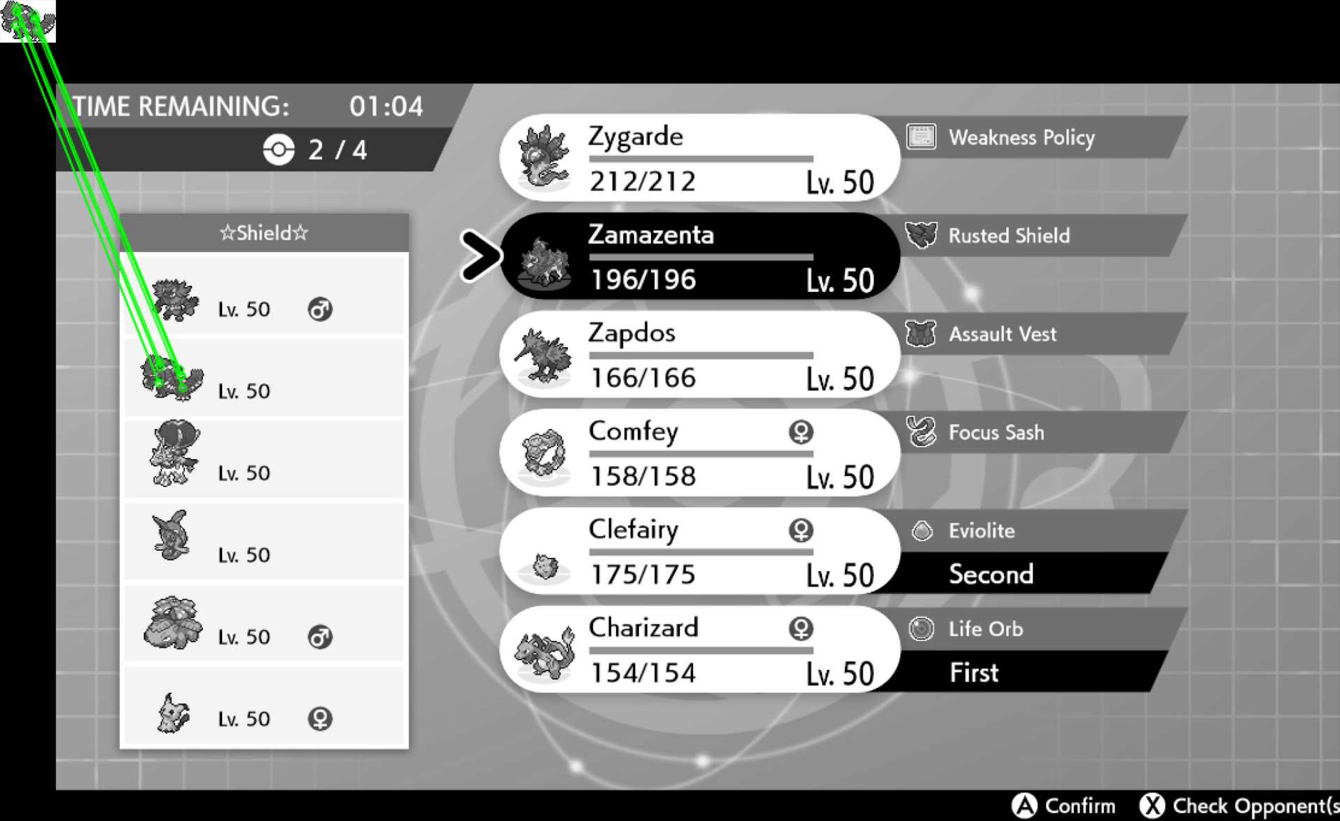 There are two black and white images side-by-side: a mini Groudon sprite and a screenshot of the team preview screen from Pokmon Shield. Five green lines are drawn from different points on the Groudon sprite image to the matching locations on a Groudon sprite that is on the opponent's team in the screenshot.