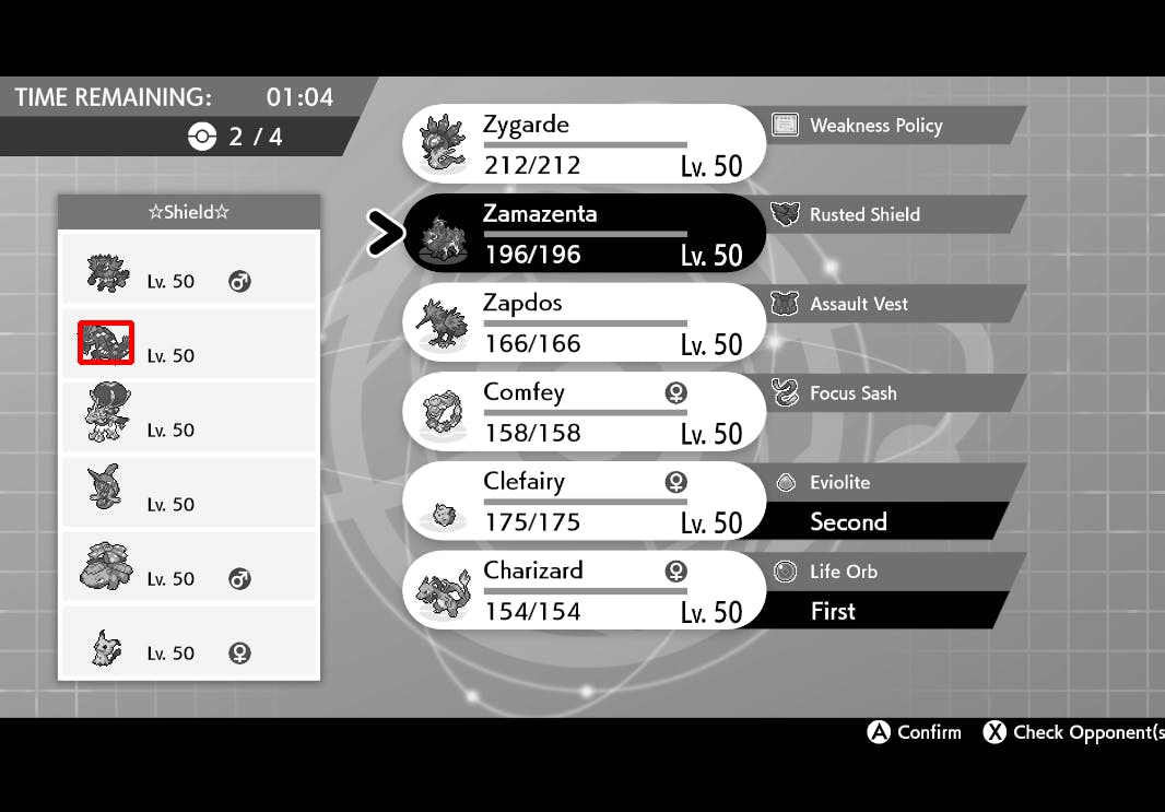 On a black and white screenshot of the team preview screen from Pokémon Shield, a red box is drawn around the Groudon image shown in the list of Pokémon for the opponent's team.