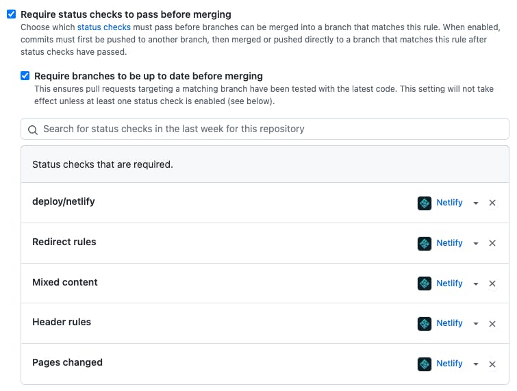 Required checks pane of branch protection settings in a GitHub repository