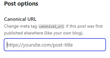 Dev.to settings for adding canonical url