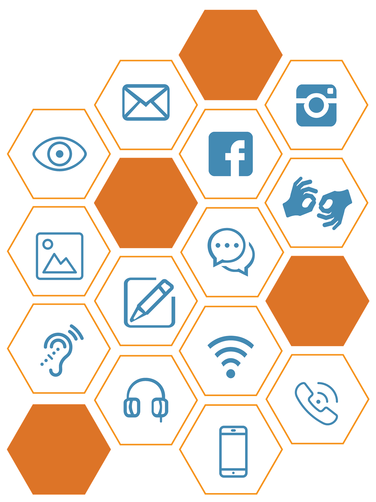 orange and white honeycomb style grid of blue communication and accessibility icons