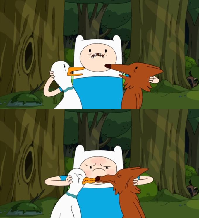 Finn from Adventure Time with a hand on the back of a duck's head and a fox's head. He smushes their faces together so they're kissing.