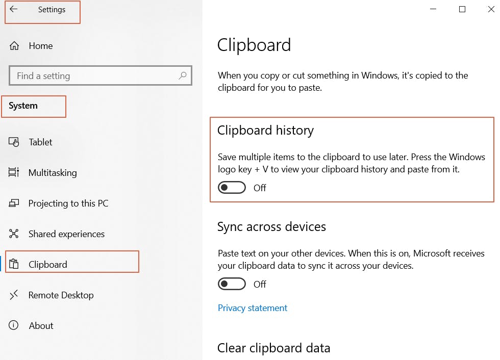 Clipboard settings in Windows 10