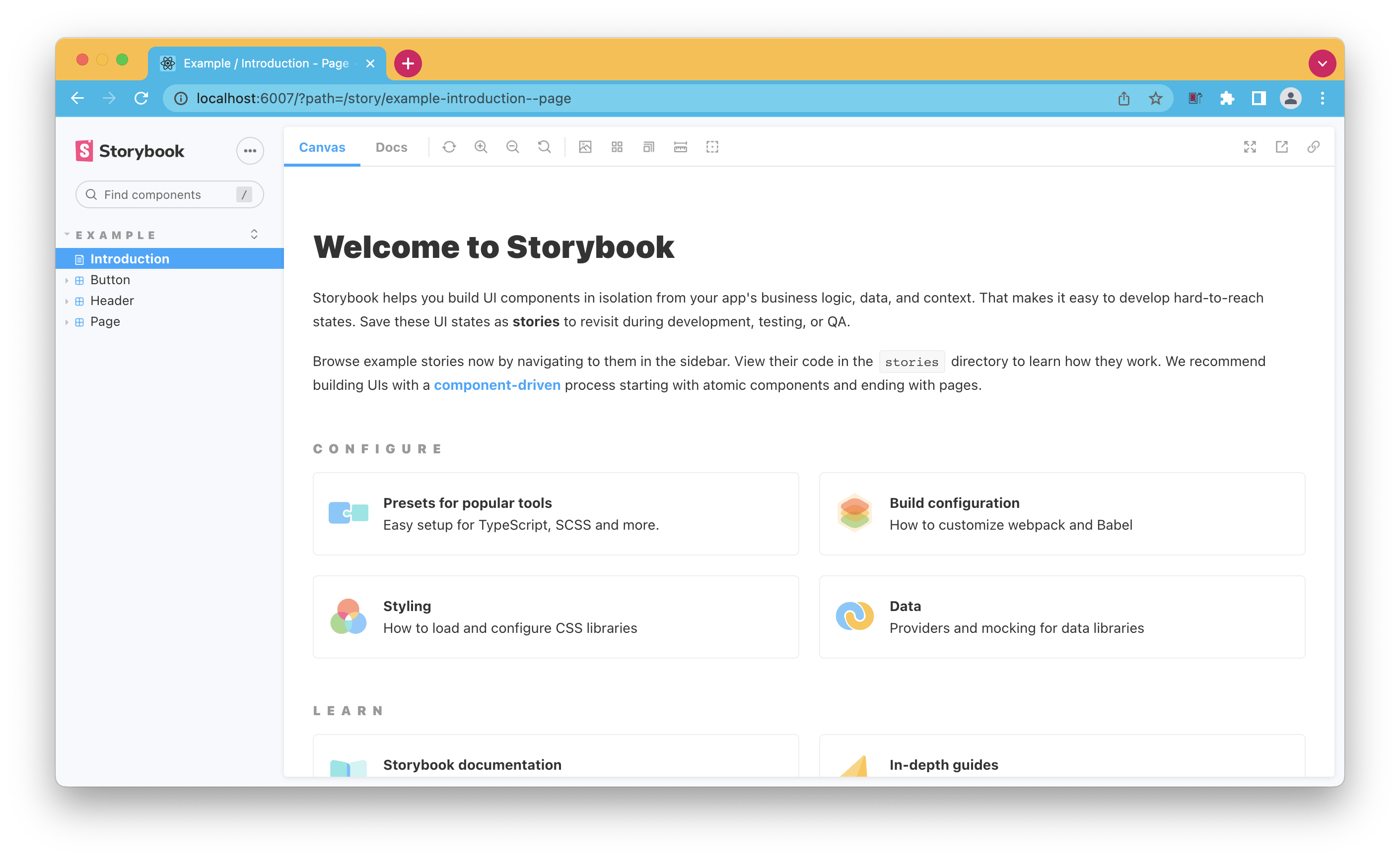 Storybook basic welcome screen