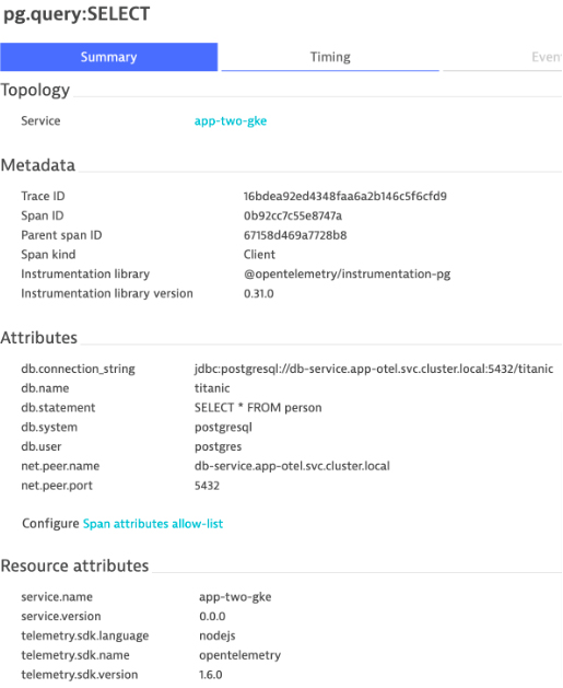 screenshot of span related to database query