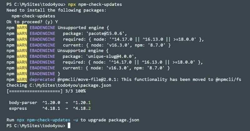 npx npm-check-updates example