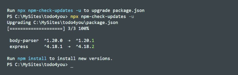 npx npm-check-updates -u example