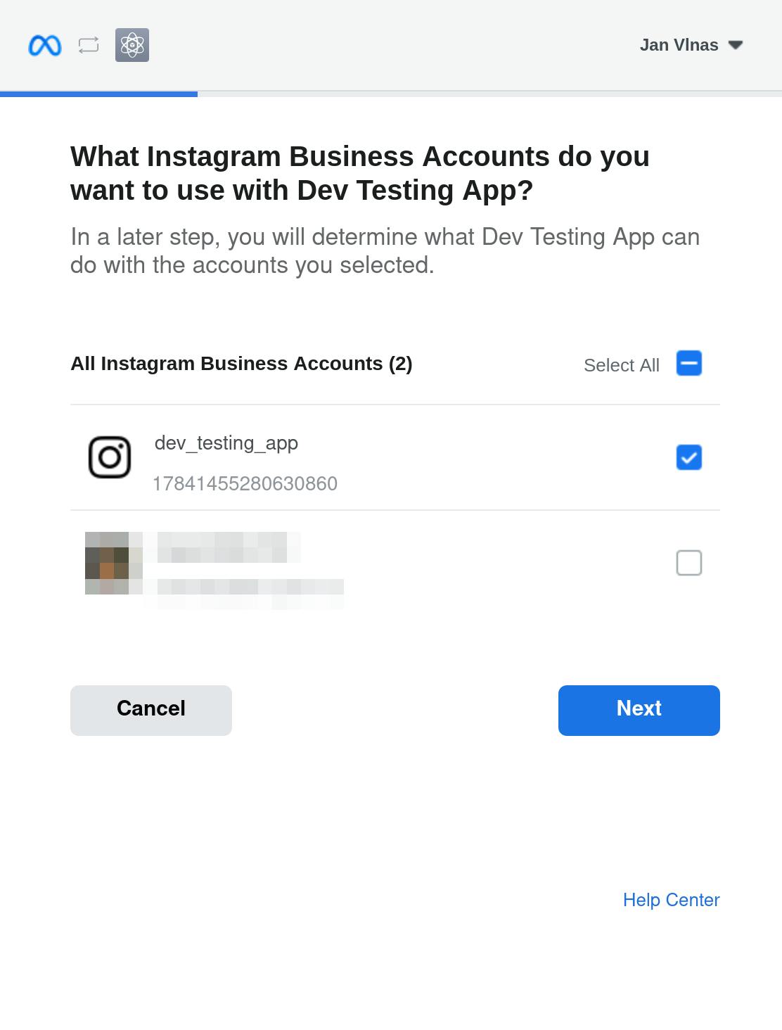 Facebook authorization dialog with Instagram account selected