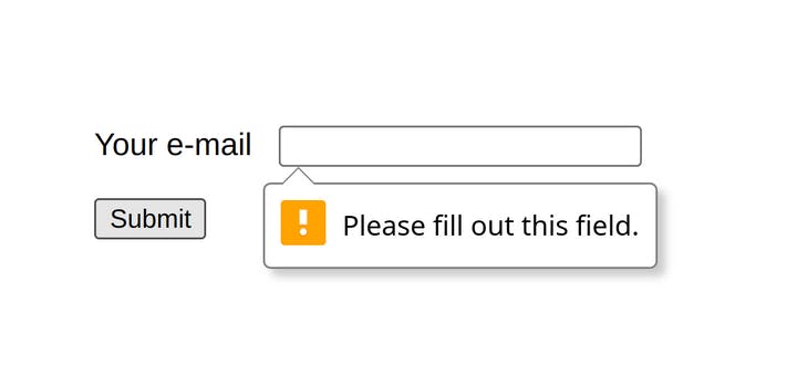 Screenshot of a form with an e-mail field and browser error message 'Please fill out this field.'