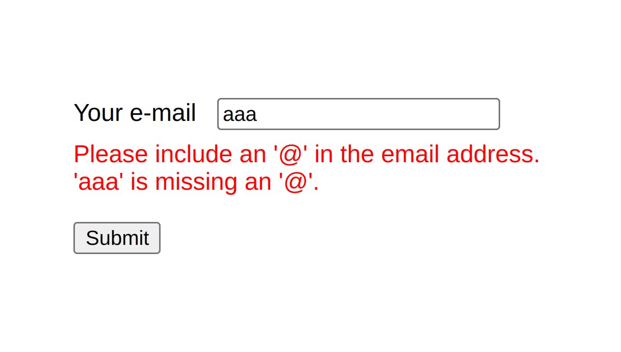 Screenshot of a form with an e-mail field and a red error message 'Please enter an email address.'