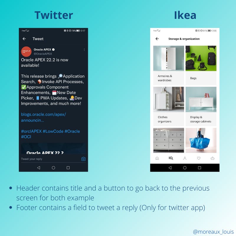 Screenshot showing header and footer example for Twitter and Ikea applications