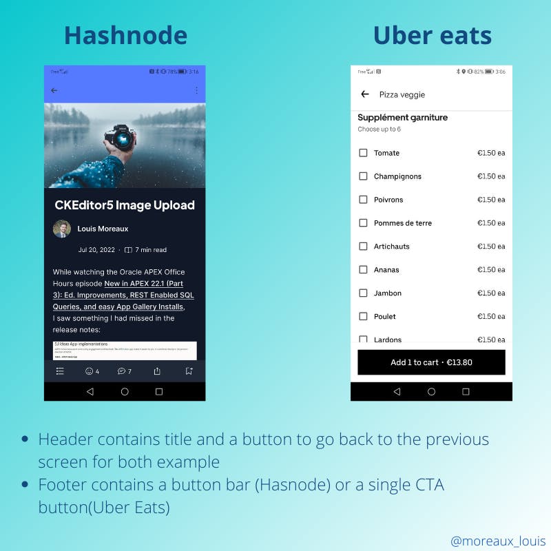 Screenshot showing header and footer example for Hashnode and Uber eats applications