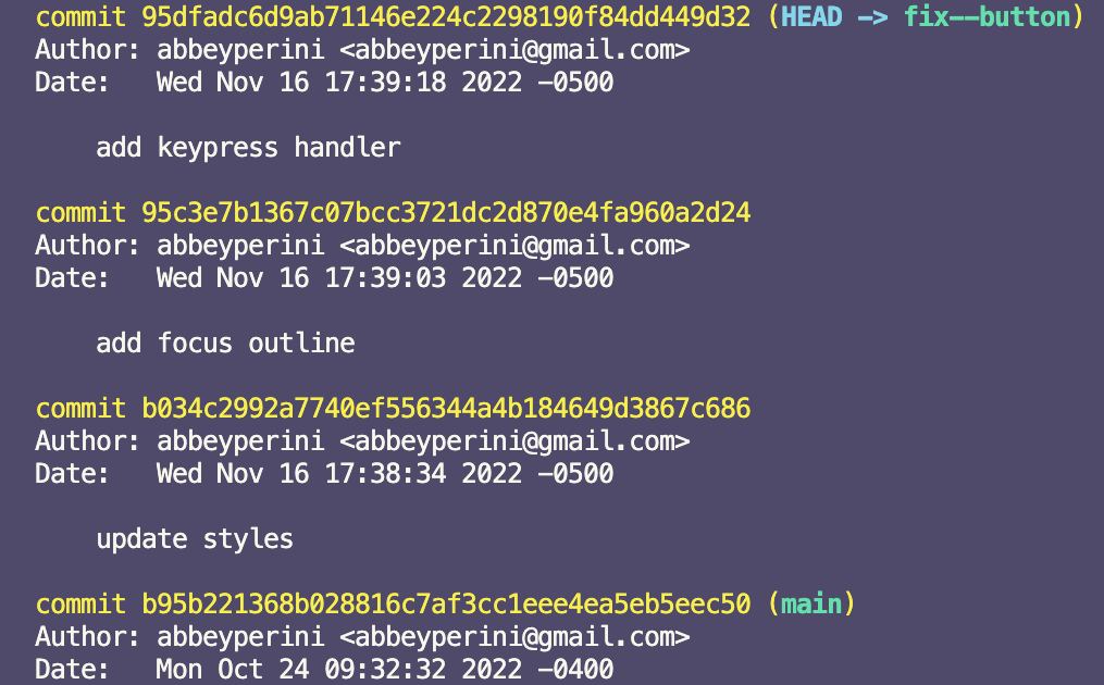screenshot of git log output