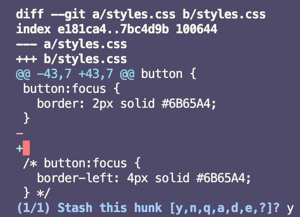 screenshot of one hunk output from running git stash -p