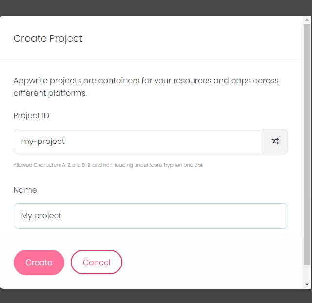 screenshot of creating a project on appwrite