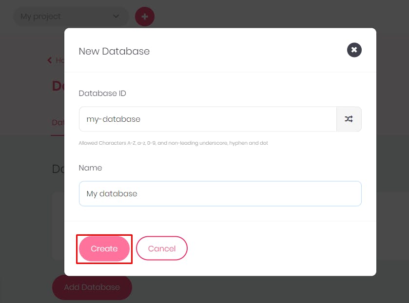 screenshot of selecting the create button to create a new database