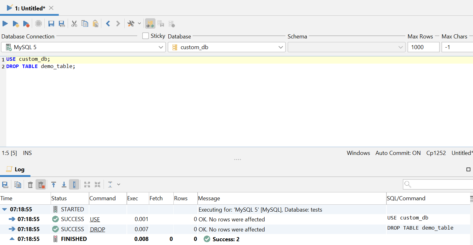 Dropping a table in a database using dbVisualizer