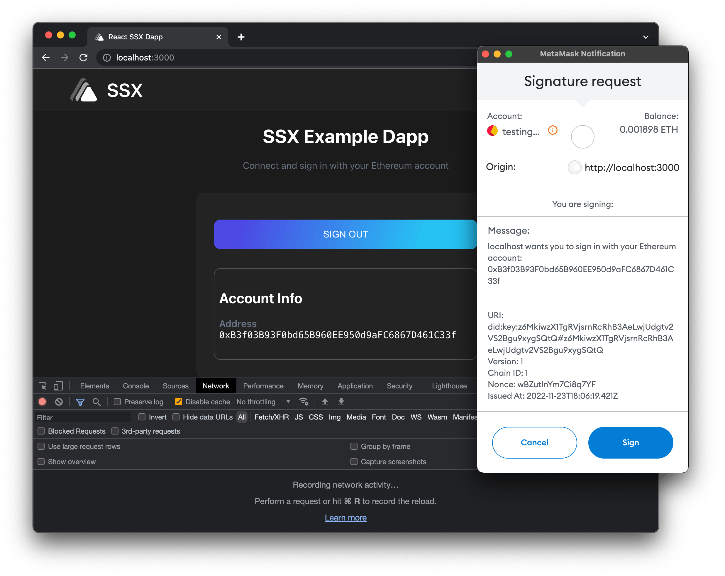 SSX Example Dapp SIWE Not Network Requests