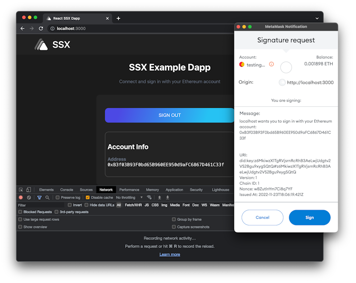 SSX Example Dapp SIWE Not Network Requests