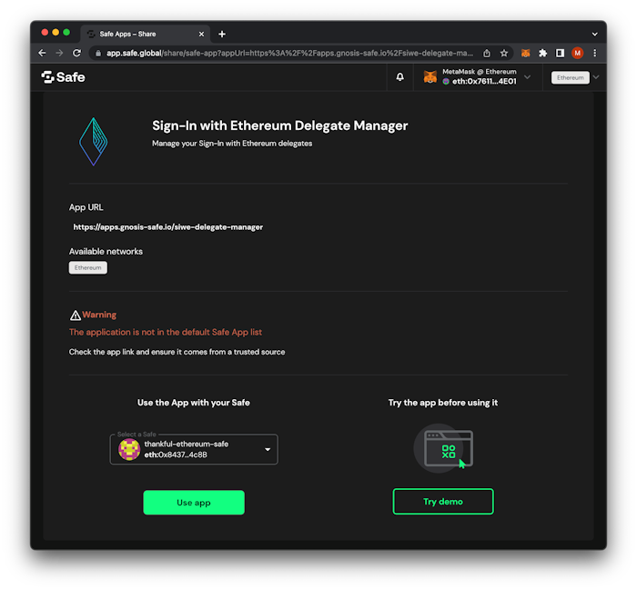 Safe Wallet - Sign-In with Ethereum Delegate Manager App