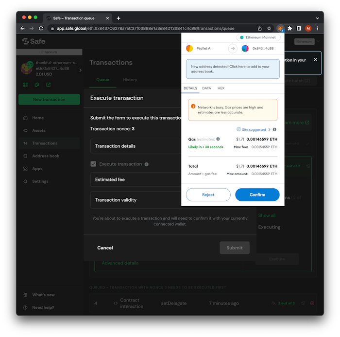 Safe Wallet - SIWE Delegate Manager Delegate Signature Request Execute Transaction Wallet A