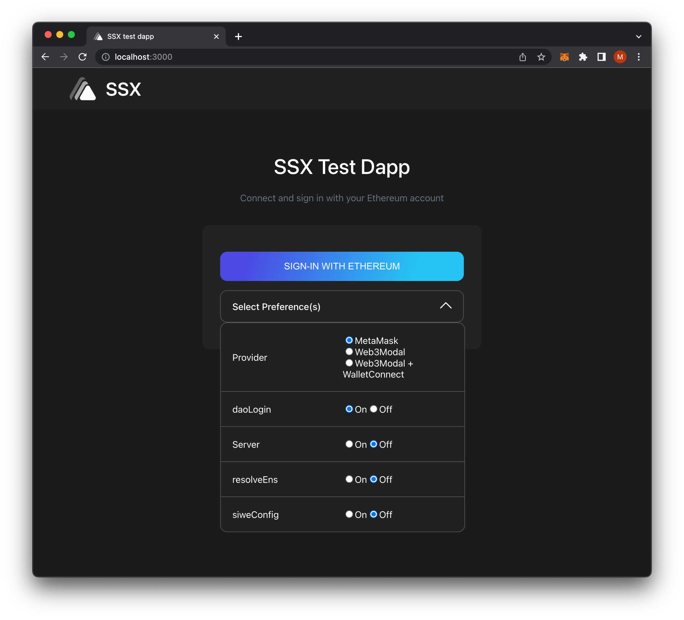 SSX Example Test Dapp With Preferences