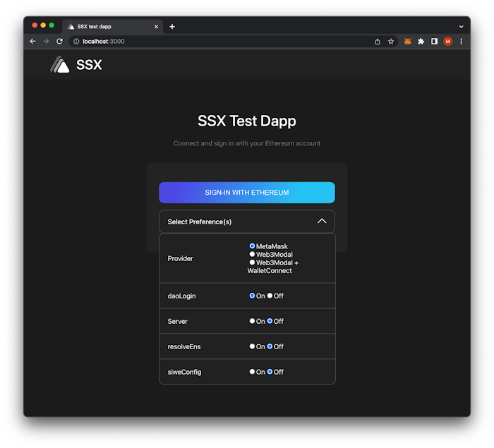 SSX Example Test Dapp With Preferences