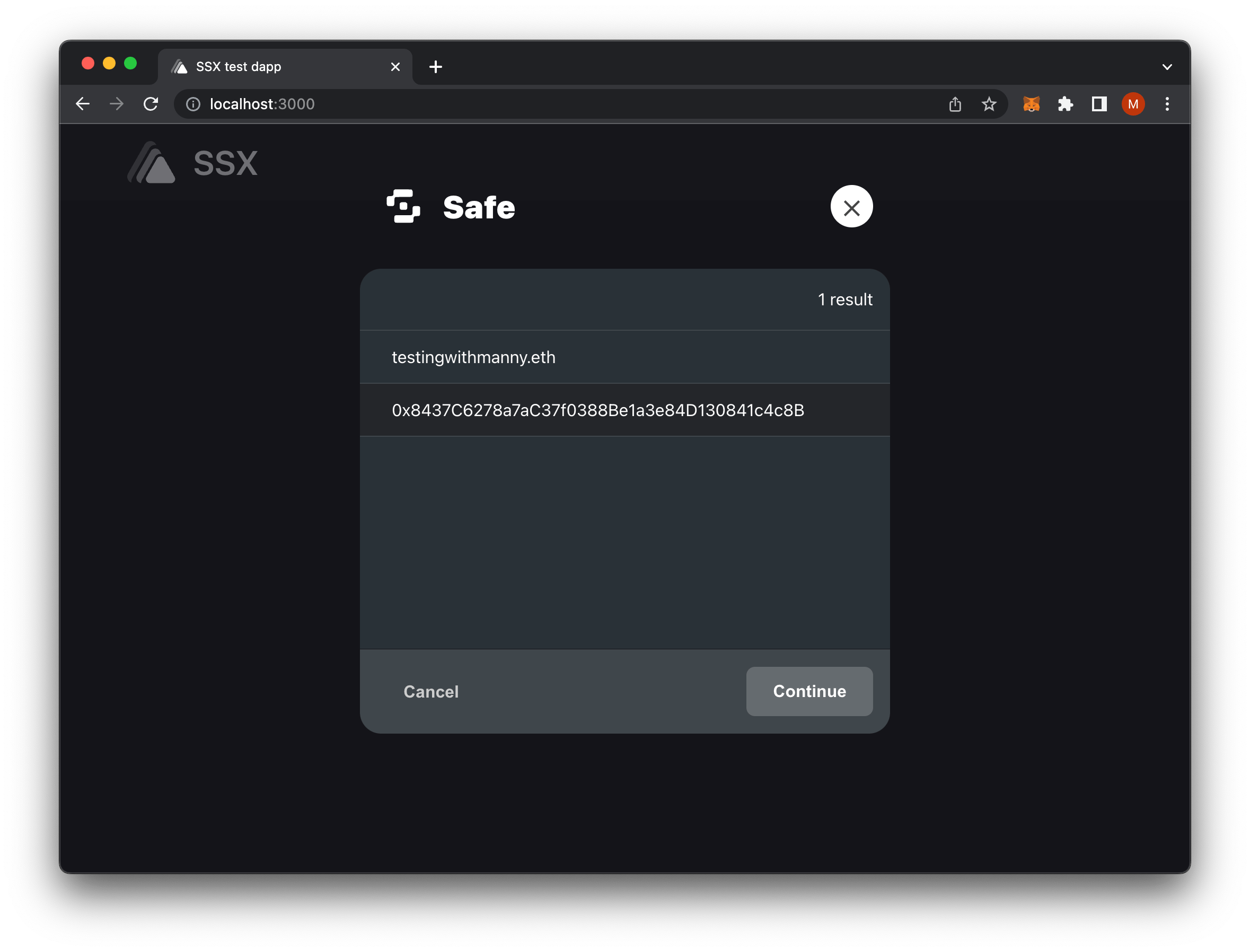 SSX Example Test Dapp Account Sign-In As Safe Wallet