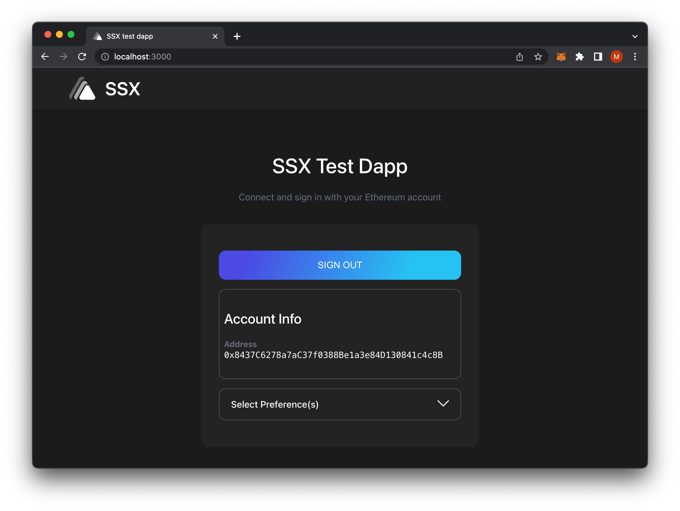 SSX Example Test Dapp Signed In As Safe Wallet
