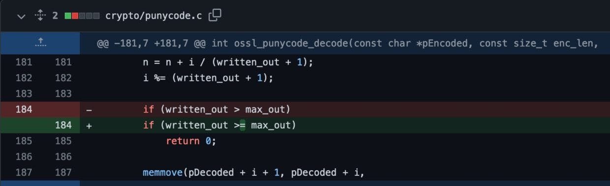 Code commit for CVE-2022-3602, that only involved changing a single line within the codebase.