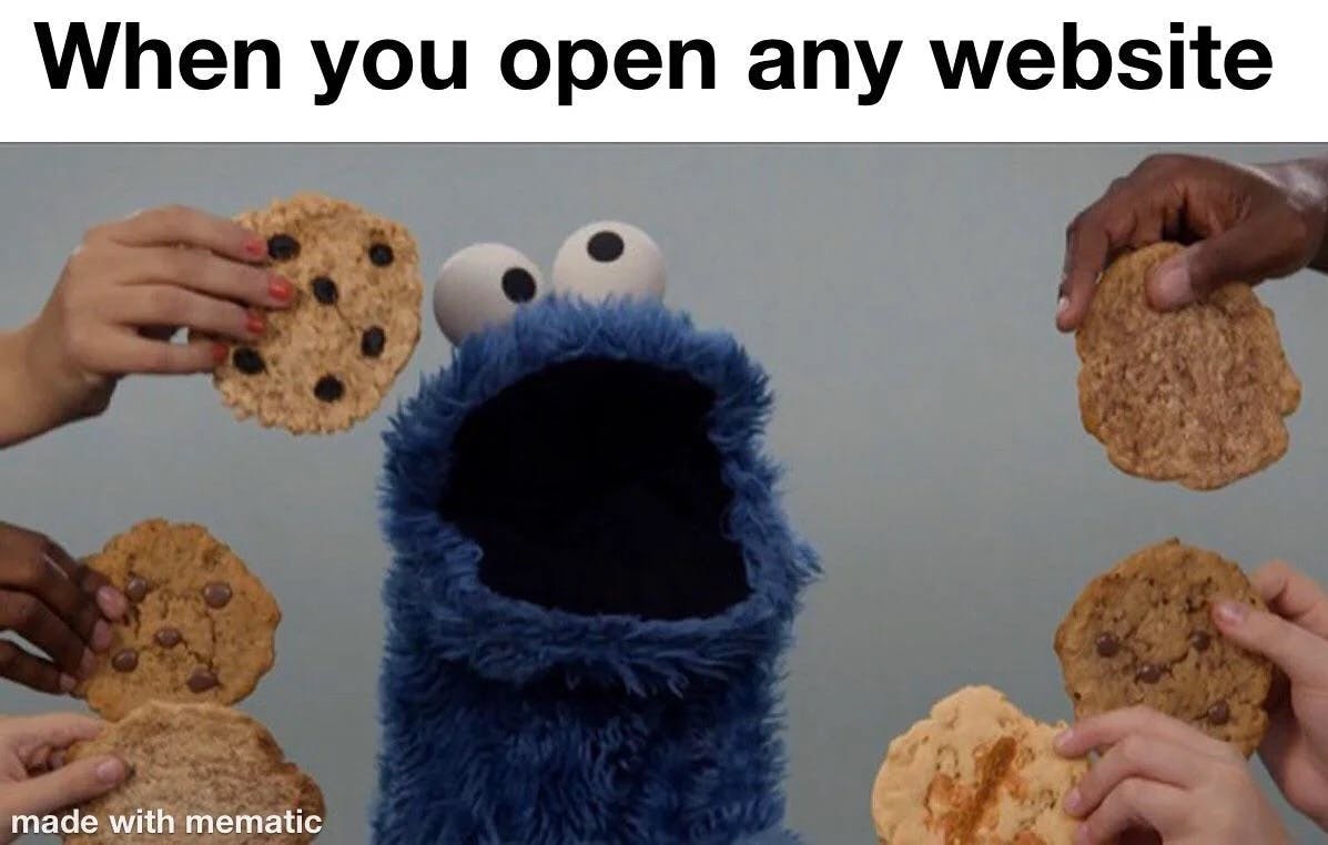 Cookie monster being handed many cookies captioned "when you open any website"