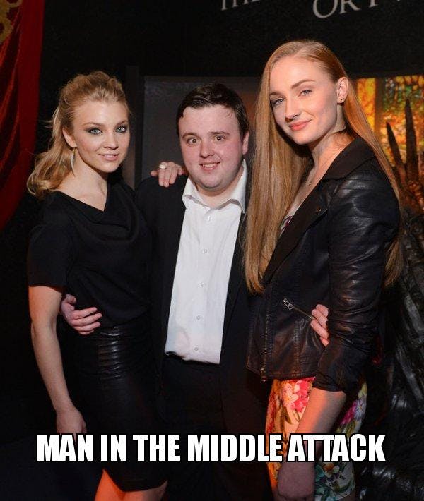 3 game of thrones actors posing for a photo. Two tall conventionally attractive women stand on either side of a chubby short man. Captioned man in the middle attack.