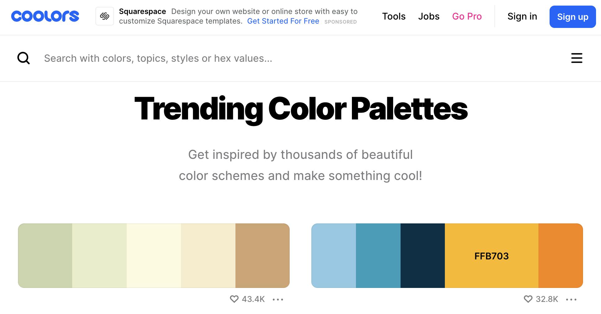 A list of trending colour palettes at Coolors