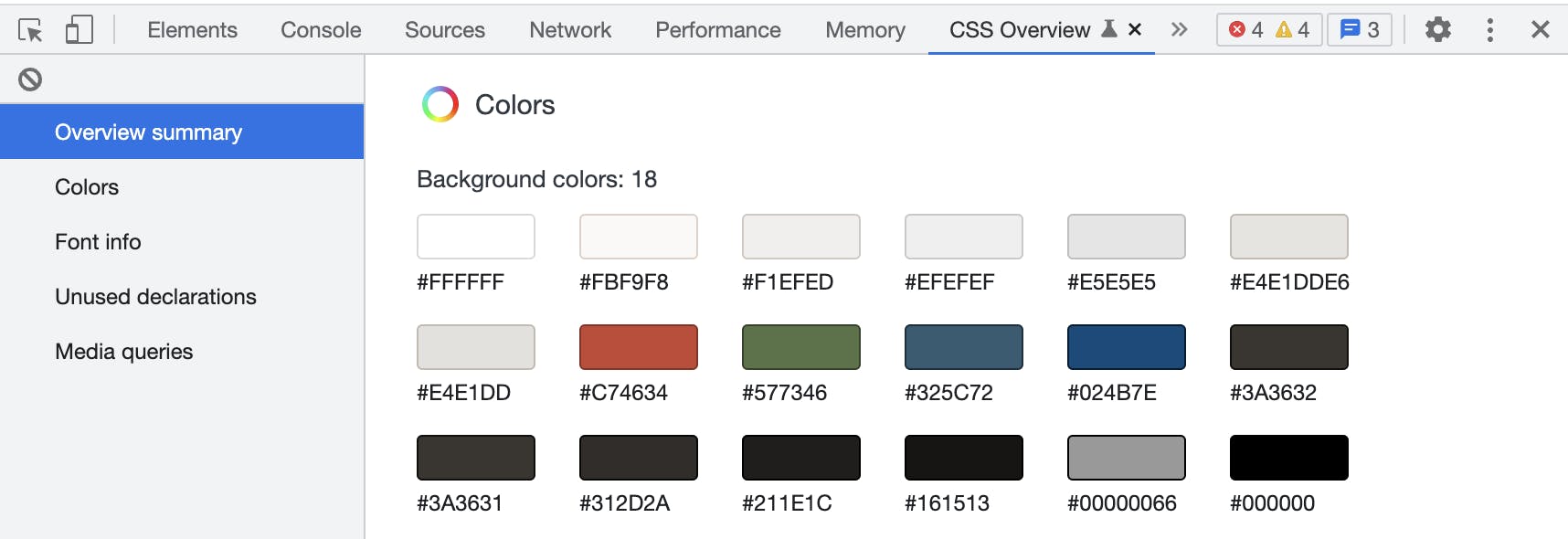 The colour palette of oracle.com captured using CSS Overview feature
