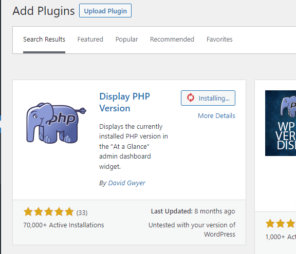 Activating Display PHP Version Plugin