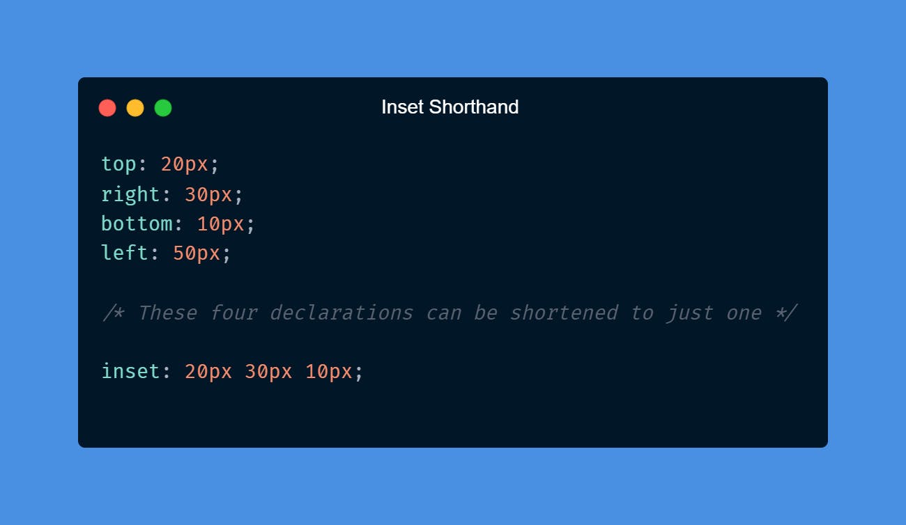 Inset Shorthand: top: 20px; right: 30px; bottom: 10px; left: 50px;  /* These four declarations can be shortened to just one */  inset: 20px 30px 10px;