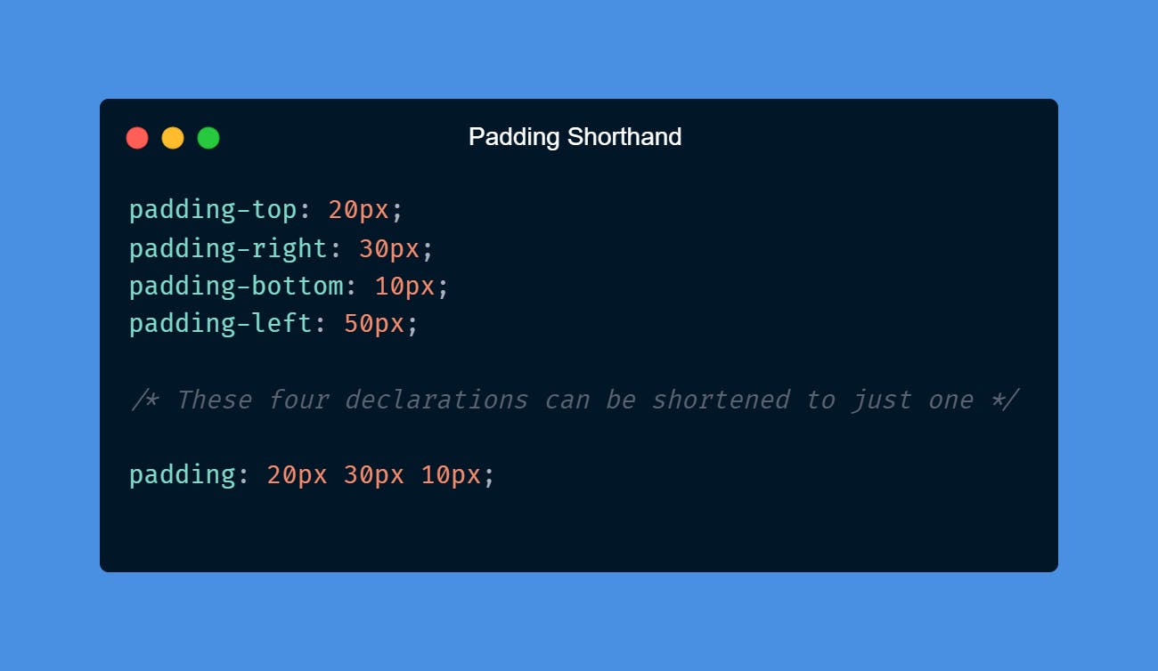 Padding Shorthand: padding-top: 20px; padding-right: 30px; padding-bottom: 10px; padding-left: 50px;  /* These four declarations can be shortened to just one */  padding: 20px 30px 10px;