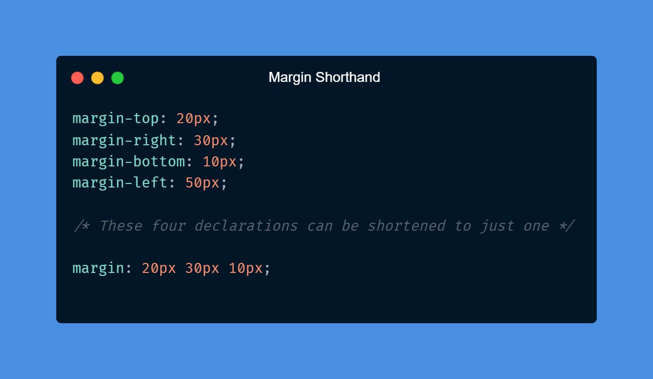 Margin Shorthand: margin-top: 20px; margin-right: 30px; margin-bottom: 10px; margin-left: 50px;  /* These four declarations can be shortened to just one */  margin: 20px 30px 10px;