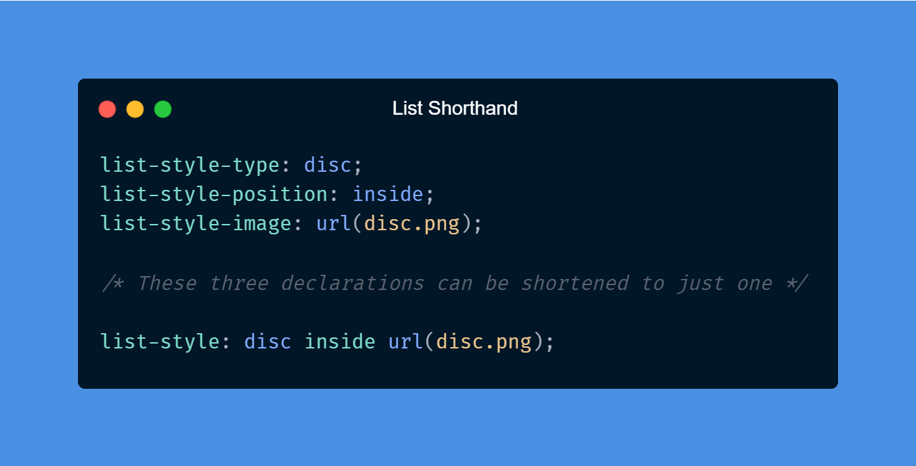 List Shorthand: list-style-type: disc; list-style-position: inside; list-style-image: url(disc.png);  /* These three declarations can be shortened to just one */  list-style: disc inside url(disc.png);