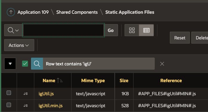 APEX IG JavaScript Utility Source Uploaded to APEX Static Application Files