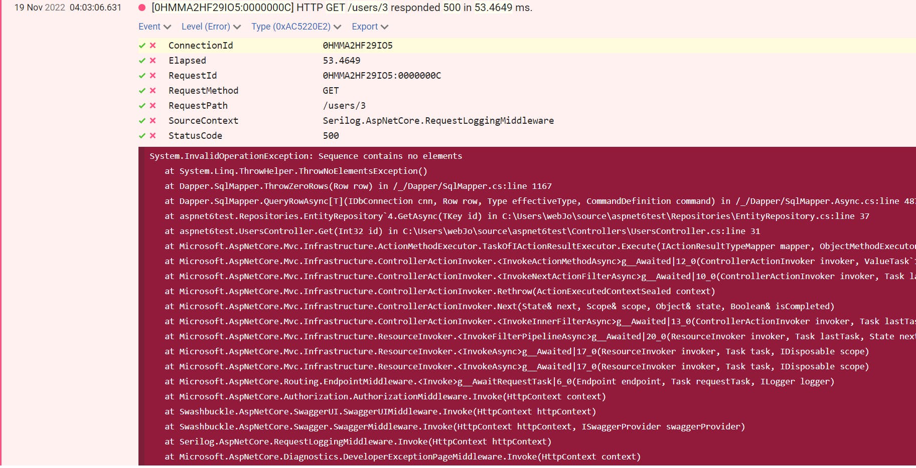 Sample of a logged exception in Seq