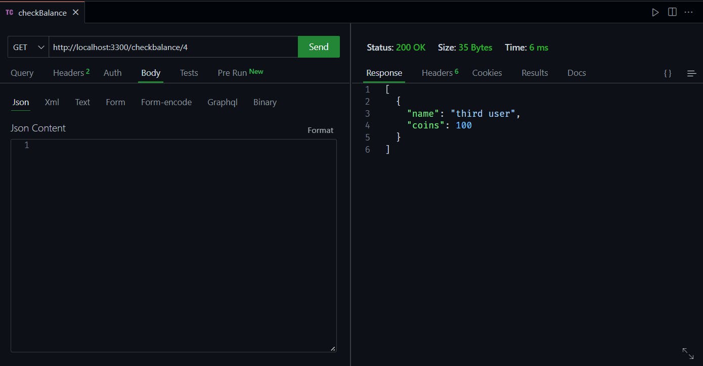 screenshot of thunder client showing coin balance of user with ID 4 in visual studio code