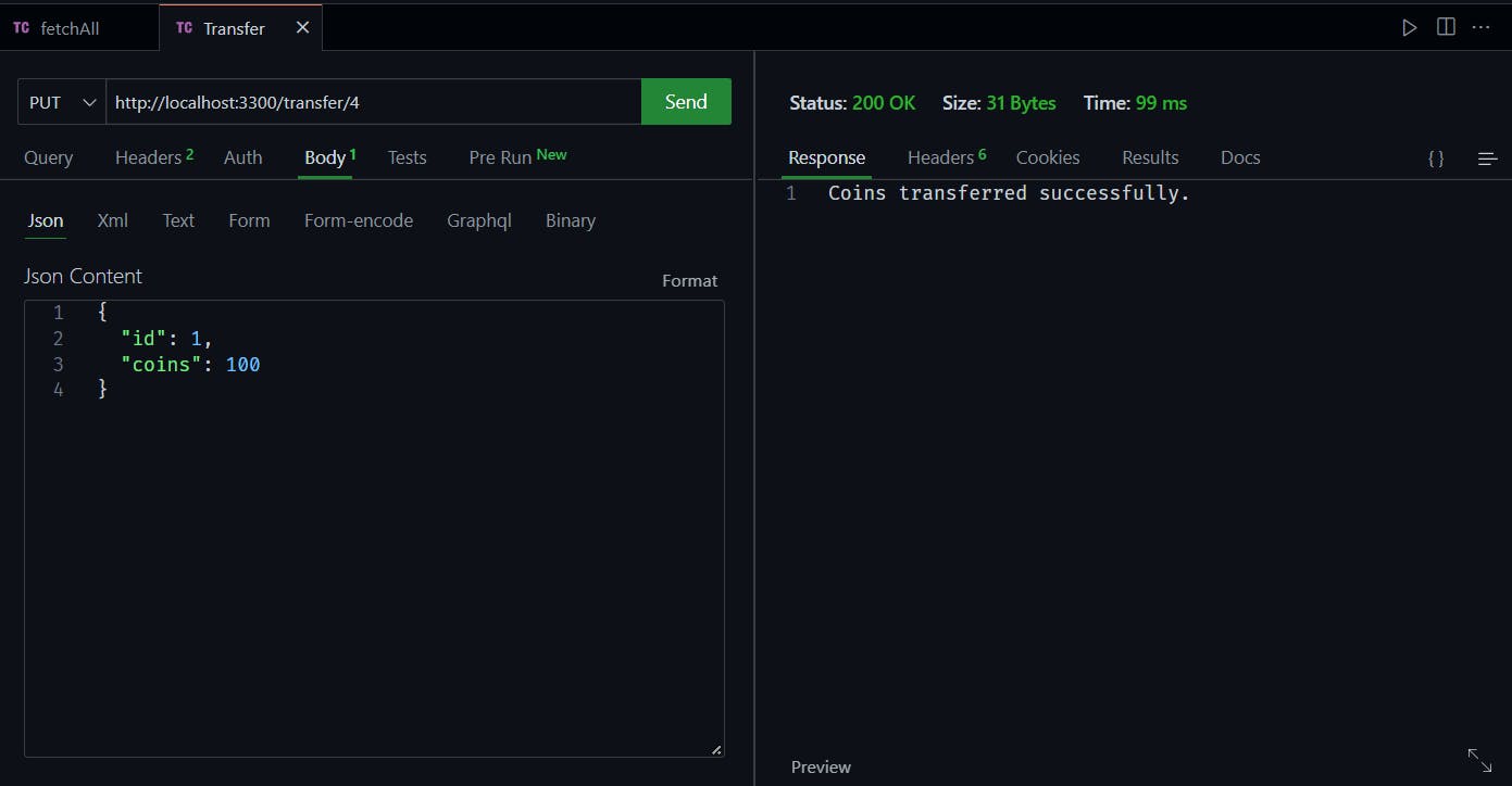 screenshot of thunder client showing successful coin transfer from user ID 1 to user ID 4 in visual studio code