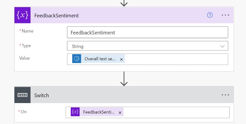 Figure 36: initialize a variable, set it to “overall text sentiment” and a switch