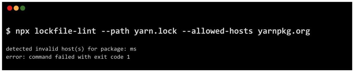 lockfile-lint used to ensure a trust policy for the yarn.lock file against malicious sources of npm packages that are not from the yarnpkg.org mirror