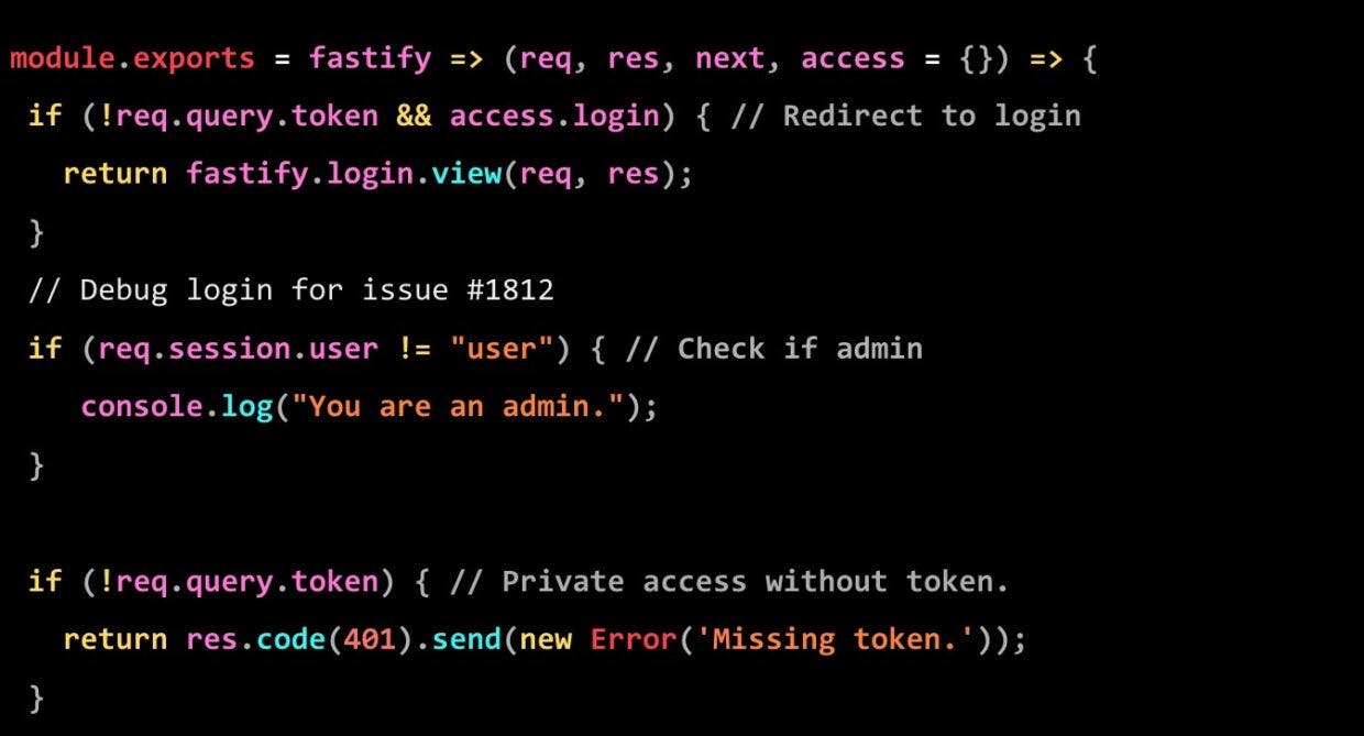 A Node.js backend project code showing trojan source code vulnerabilities embedded in the code.