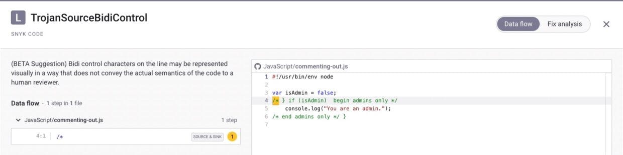 Snyk Code detects Trojan Source vulnerabilities in JavaScript source code of imported project