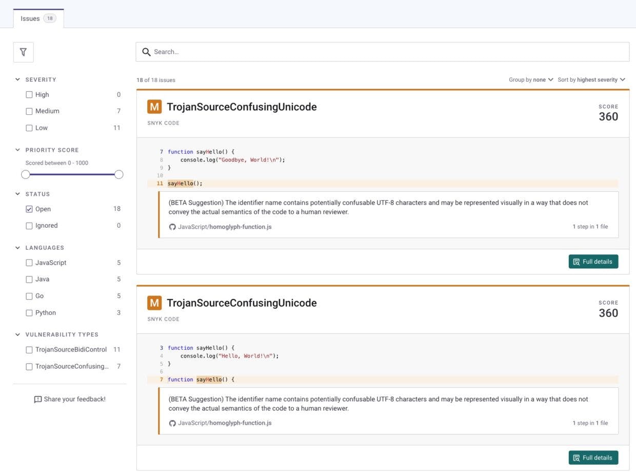 Snyk Code shows several issues of Trojan Source vulnerabilities in JavaScript source code of an imported GitHub repository that is monitored publicly.