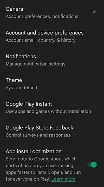 Google Play in app settings