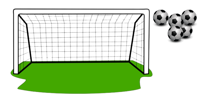 soccer goal with 5 balls just outside of upper right-hand corner (indicating missed shots)